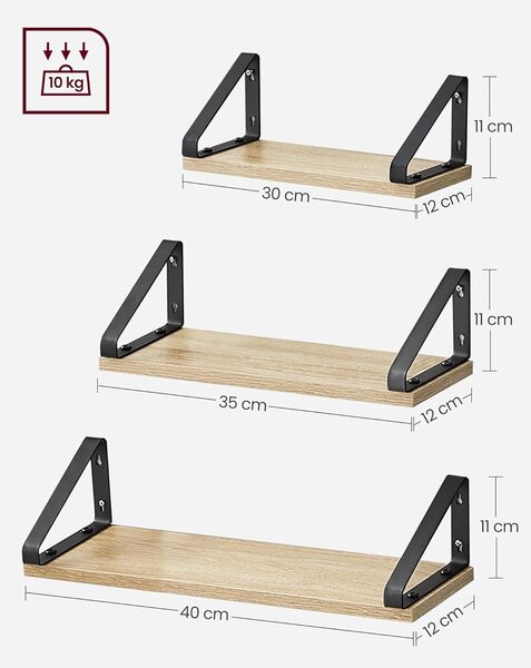 Komplet 3 stenskih polic različnih dimenzij, 30/35/40 x 12 x 11 cm, hrast-črna | VASAGLE