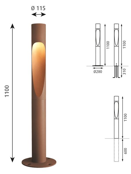 Louis Poulsen Flindt s podstavkom, ozemljenim 110 cm corten