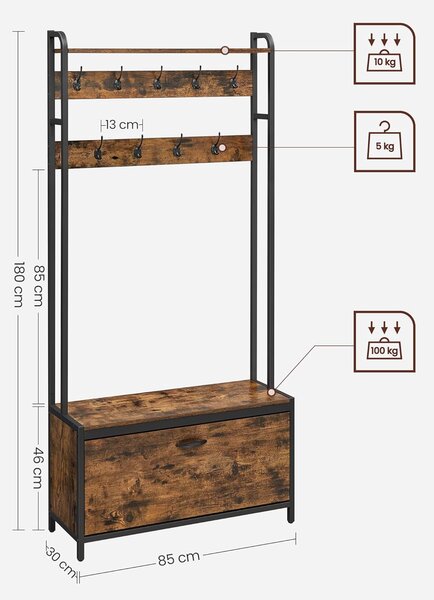 Klop obešalnikom, 85x30x180cm, rustikalno rjava in črna | VASAGLE