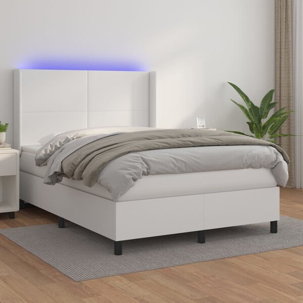 VidaXL Box spring postelja z vzmetnico LED bela 140x190cm umetno usnje