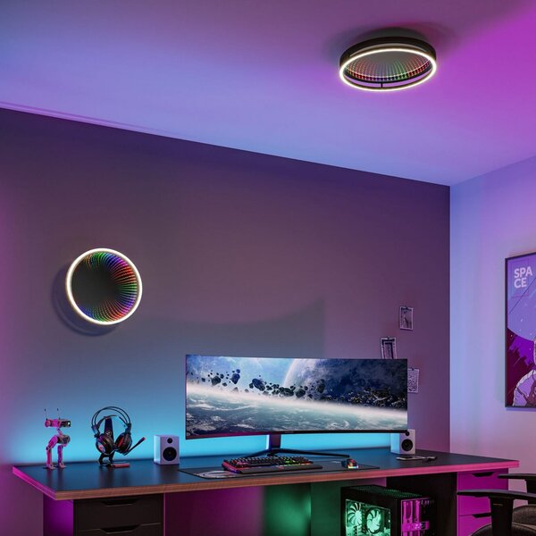 Paulmann LED-stropna svetilka Spaceglow One, črna, Ø 39 cm, RGBW, zatemnjen, Črna, Hodnik, Plastika, Sodobni