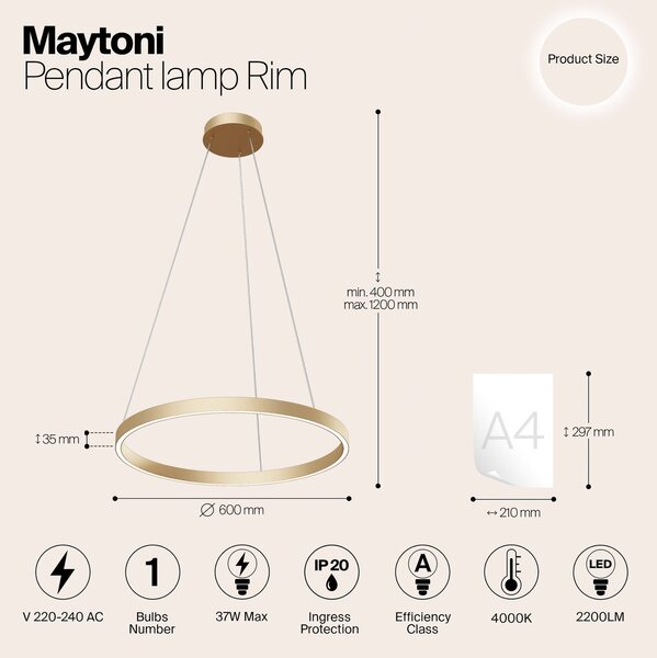 Maytoni LED viseča svetilka Rim 1-light medeninaste barve Ø60cm 4000K