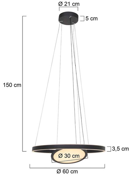 LED viseča svetilka Ringlux 3-svetlobna črna Ø 60 cm