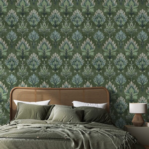 Tapeta zeleni vintage rastlinski ornamenti