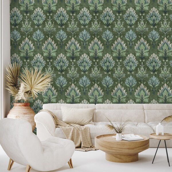 Tapeta zeleni vintage rastlinski ornamenti