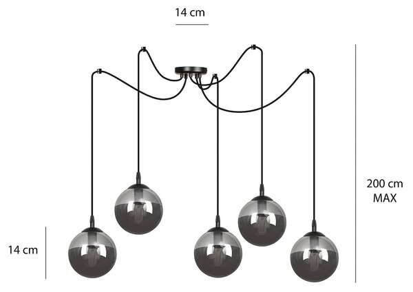 Stekleno viseče svetilo, 5-svetlobno, decentralizirano, črno, grafitno