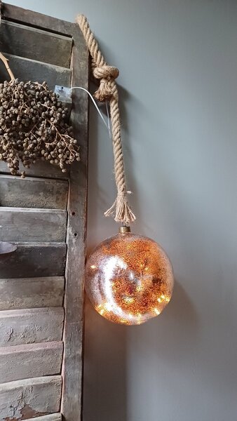 LED božični okras z vrvjo iz jute, zlat, premer 12 cm