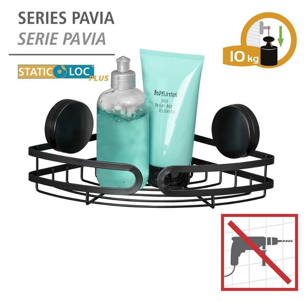 Črna kotna polica za kopalnico Wenko Static-Loc® Pavia, širina 27 cm