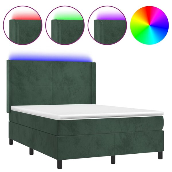 VidaXL Box spring postelja z vzmetnico LED tem. zelena 140x190cm žamet