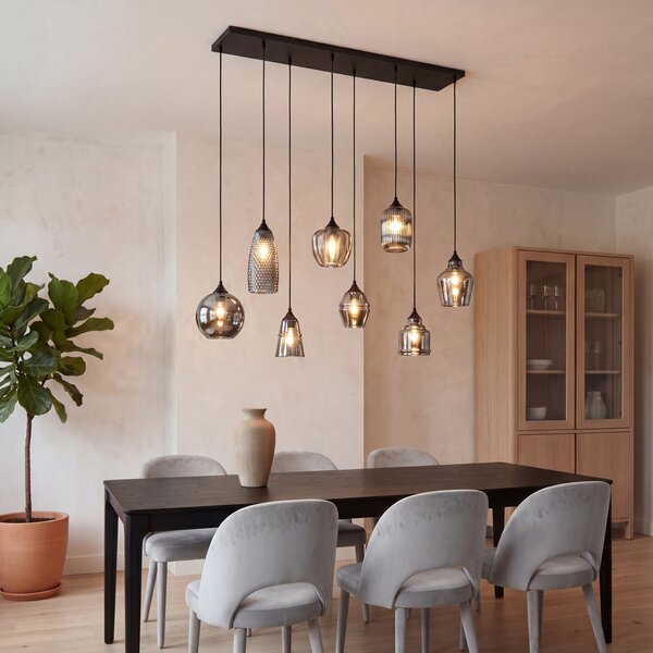 Art Deco viseča svetilka črna z dimnim steklom 8-Lights - Hanne