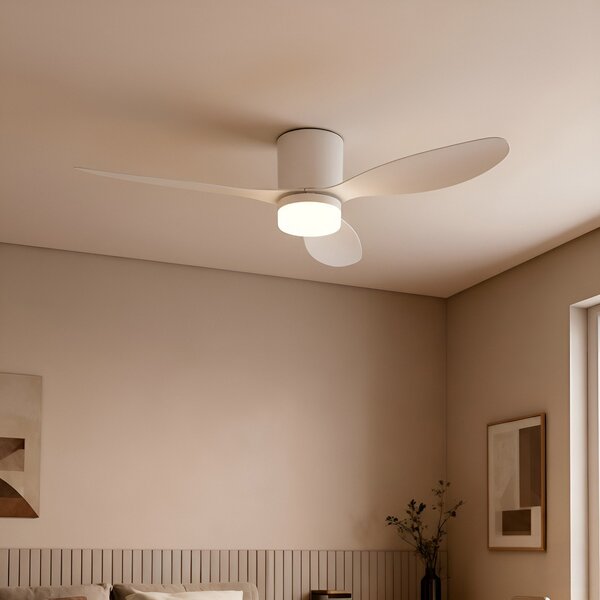 Lucande Stropni ventilator LED Kayu, bel, DC, tih, Ø 132 cm, Bela, Dnevna soba / jedilnica, Plastika, Sodobni