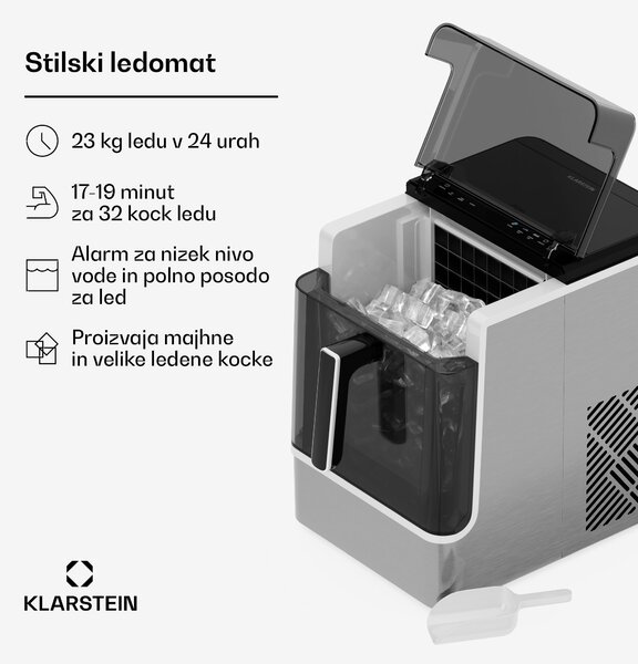 Klarstein Ice Lux ledomat, Nerjaveče jeklo, 23kg/24h, Samočiščenje