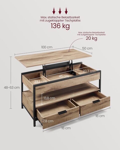 Mizica za kavo s prostori za shranjevanje, 50 x 100 x (49–62) cm, svetlo rjavo-črna | VASAGLE
