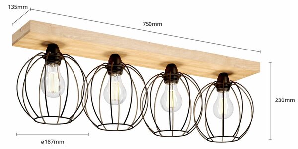 Stropna svetilka Dorett, hrastov les, štiri plamenice