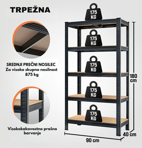Regal za težke obremenitve HEAVY, maks. 875kg, 90x40x180cm, črn Jurhan
