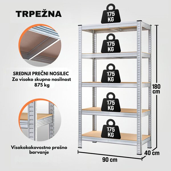 Regal za težke obremenitve HEAVY, maks. 875kg, 90x40x180cm, srebrn Jurhan
