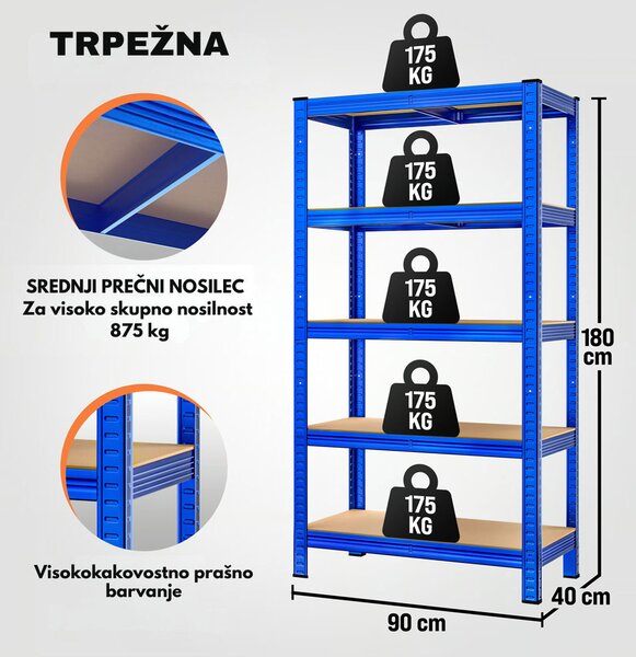 Regal za težke obremenitve HEAVY, maks. 875kg, 90x40x180cm, moder Monzana