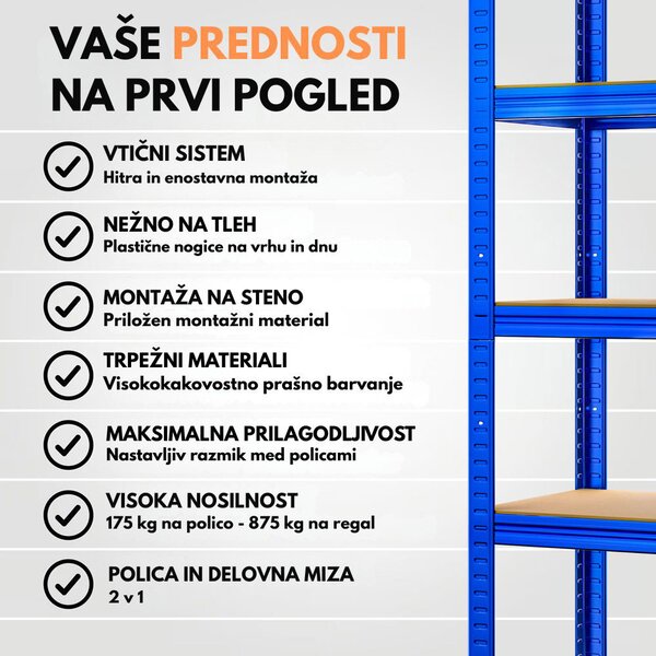 Regal za težke obremenitve HEAVY, maks. 875kg, 90x40x180cm, moder Monzana