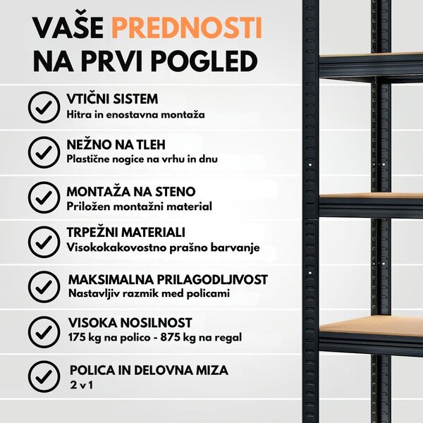 Regal za težke obremenitve HEAVY, maks. 875kg, 90x40x180cm, črn Jurhan