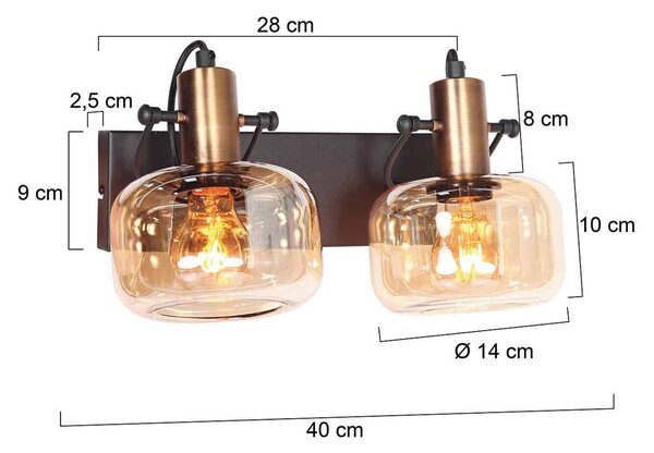 Stenska svetilka Glaslic, dvosvetlobna, jantar, steklo, kovina