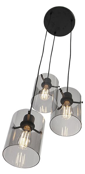 Dizajnerska viseča svetilka črna z dimljenim steklom 3-luči - Dome