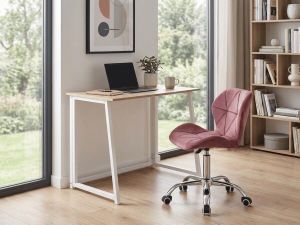 Set za pisarno ZARIMO miza 80x40 cm, bela/dub sonoma + stol AVOLA VELVET, temno roza