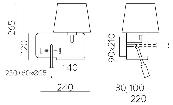 Stenska svetilka, desna, bela/črna, bralna luč, USB priključek