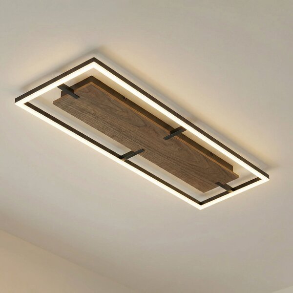 Lucande LED-stropna svetilka Vectra, 100 x 30 cm, les, z možnostjo zatemnitve, zatemnjen, Les, Dnevna soba / jedilnica, Plastika, Sodobni