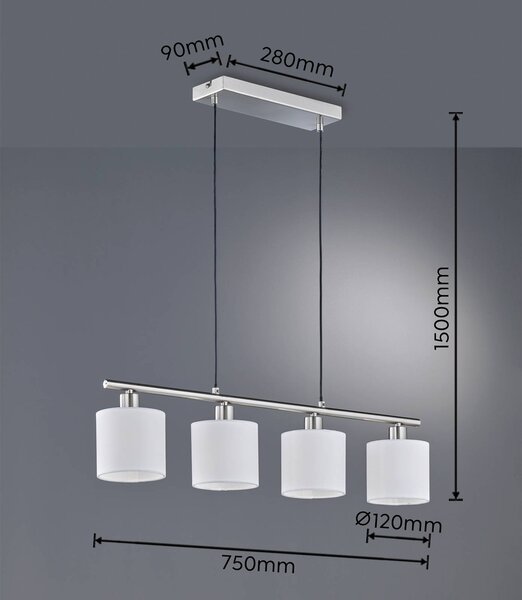 Tommyjeva viseča svetilka, nikelj/bela, dolžina 75 cm, 4-svetlobna, tkanina