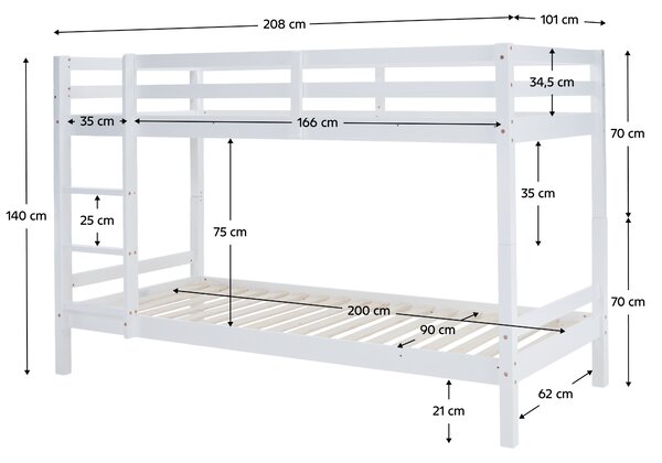 KONDELA Pograd, 90x200, masivni les, bela, INEZA