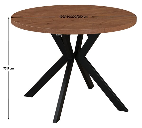 KONDELA Raztegljiva jedilna miza, temen hrast/črna, 100-250 x 75,5 cm, LUKOS