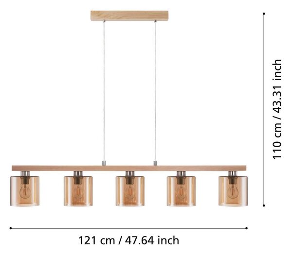 Castralvo viseča svetilka, dolžina 115 cm, les/jantar, 5 luči, steklo