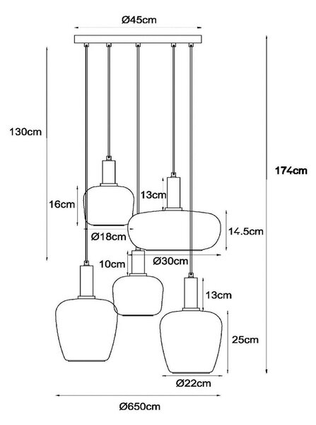 Obesek Ilona, steklo, večbarvno, Ø 45 cm, 5 luči