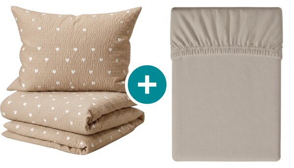 Set krep posteljnine HEARTILO POLY bež + rjuha Jersey 90x200 cm peščena, enojna postelja