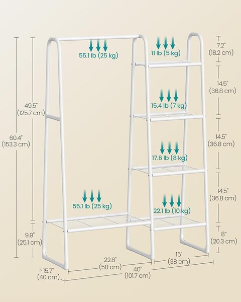 SONGMICS Stojalo za oblačila, z oblačilno palico in 5 policami za shranjevanje 40×101×153 cm, belo
