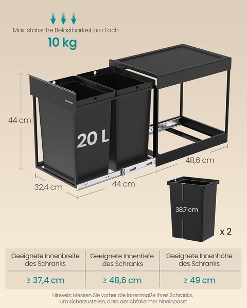 SONGMICS kuhinjski sistem za ločeno zbiranje odpadkov v omari, 2 x 20 L, črn