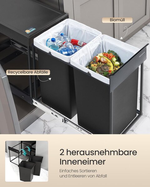 SONGMICS kuhinjski sistem za ločeno zbiranje odpadkov v omari, 2 x 20 L, črn
