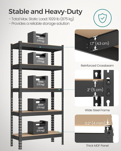 SONGMICS komplet 5-nadstropnega sistema polic, 2 kosa, 30×75×150 cm, črna