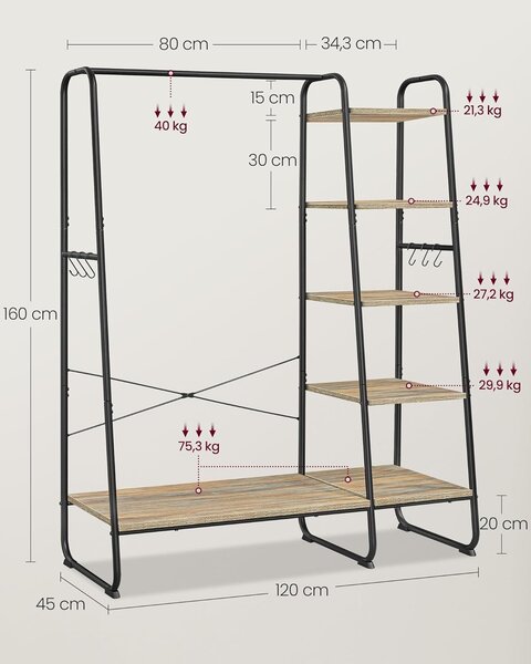VASAGLE stojalo za oblačila, 45 × 120 × 160 cm, turkizno rjava-črna
