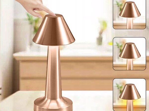 LED kovinska aku. 1500mah touch namizna svetilka USB 3 barve osvetlitve bakrena