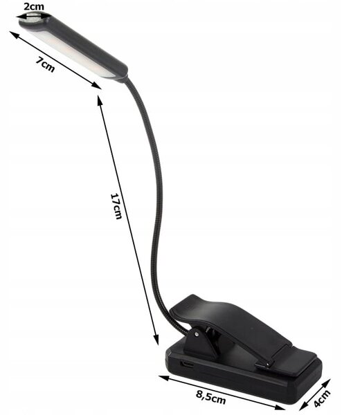 LED aku. 1100mAh lučka za branje knjig 3 barve svetlobe USB črna