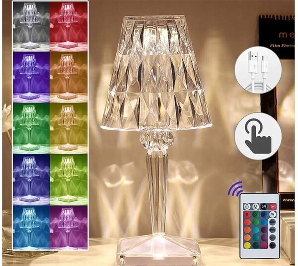 LED RGB aku. namizna kristalna svetilka USB daljinec 25cm