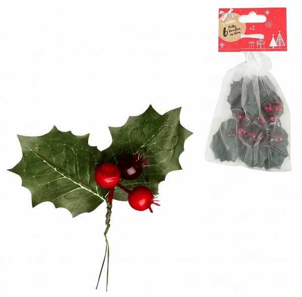 Božične dekoracije na žički HOLLY LEAVES 13 cm 6 kosov