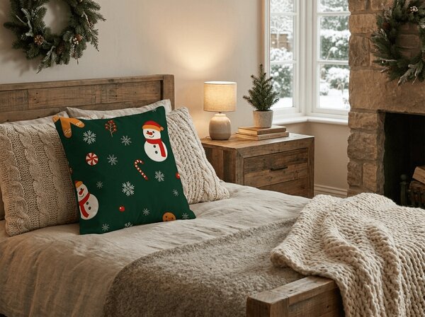 Prevleka za blazino iz mikrovlaken SNOWMAN AND GINGERBREAD 45x45 cm, zelena