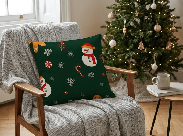 Prevleka za blazino iz mikrovlaken SNOWMAN AND GINGERBREAD 45x45 cm, zelena