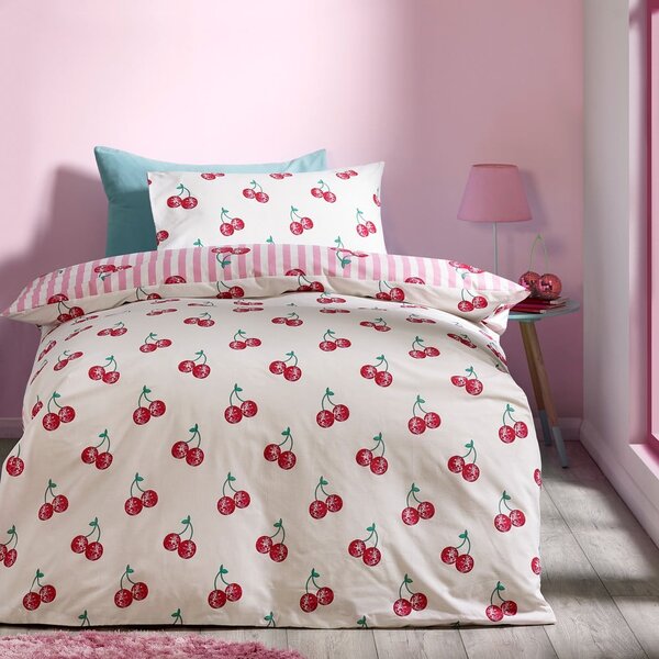 Bela/rožnata enojna posteljnina 135x200 cm Disco Cherries Stripes – Catherine Lansfield