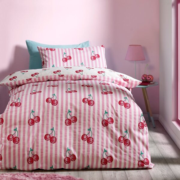Bela/rožnata enojna posteljnina 135x200 cm Disco Cherries Stripes – Catherine Lansfield
