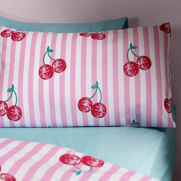 Bela/rožnata enojna posteljnina 135x200 cm Disco Cherries Stripes – Catherine Lansfield