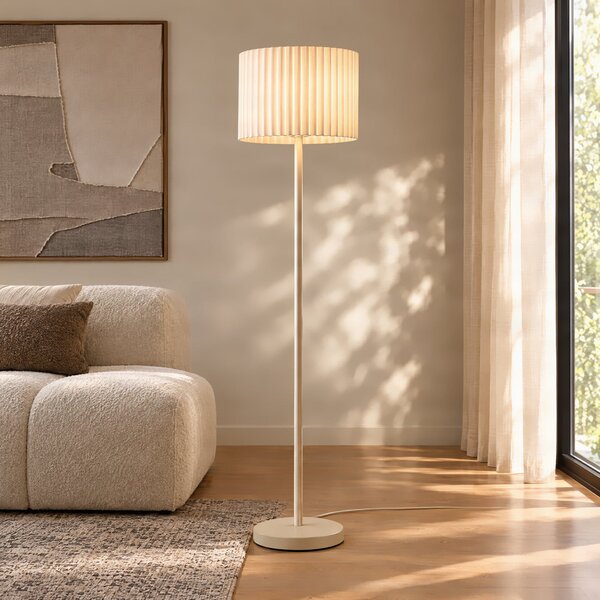 Lindby stoječa svetilka Libbie, bež, višina 150 cm, lan, E27, Bež, Dnevna soba / jedilnica, Tkanine / tekstil, Skandinavski