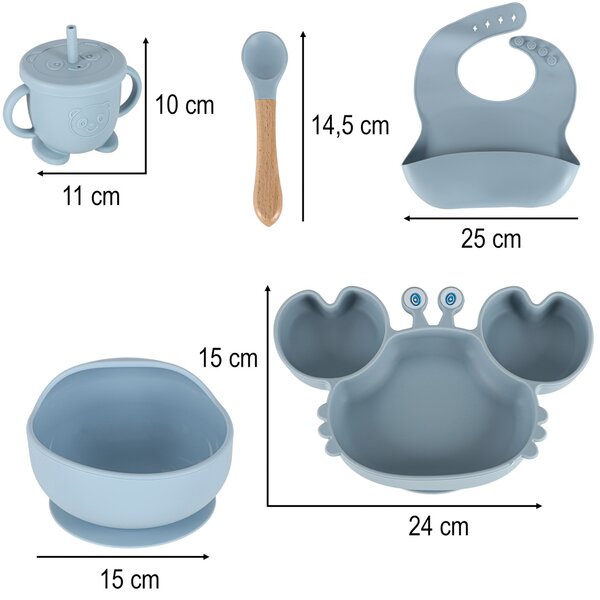 Otroška silikonska posoda rak komplet 9 kosov modra - Baby shower